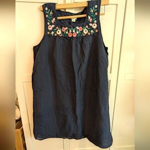 J. Crew Sleeveless Linen Blend Shift Dress Navy Blue Floral Embroidered Size XL